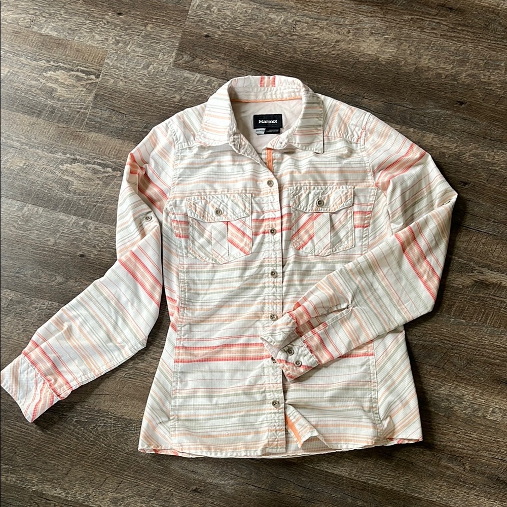 Marmot Striped Button-Up Blouse - Cream and Pink